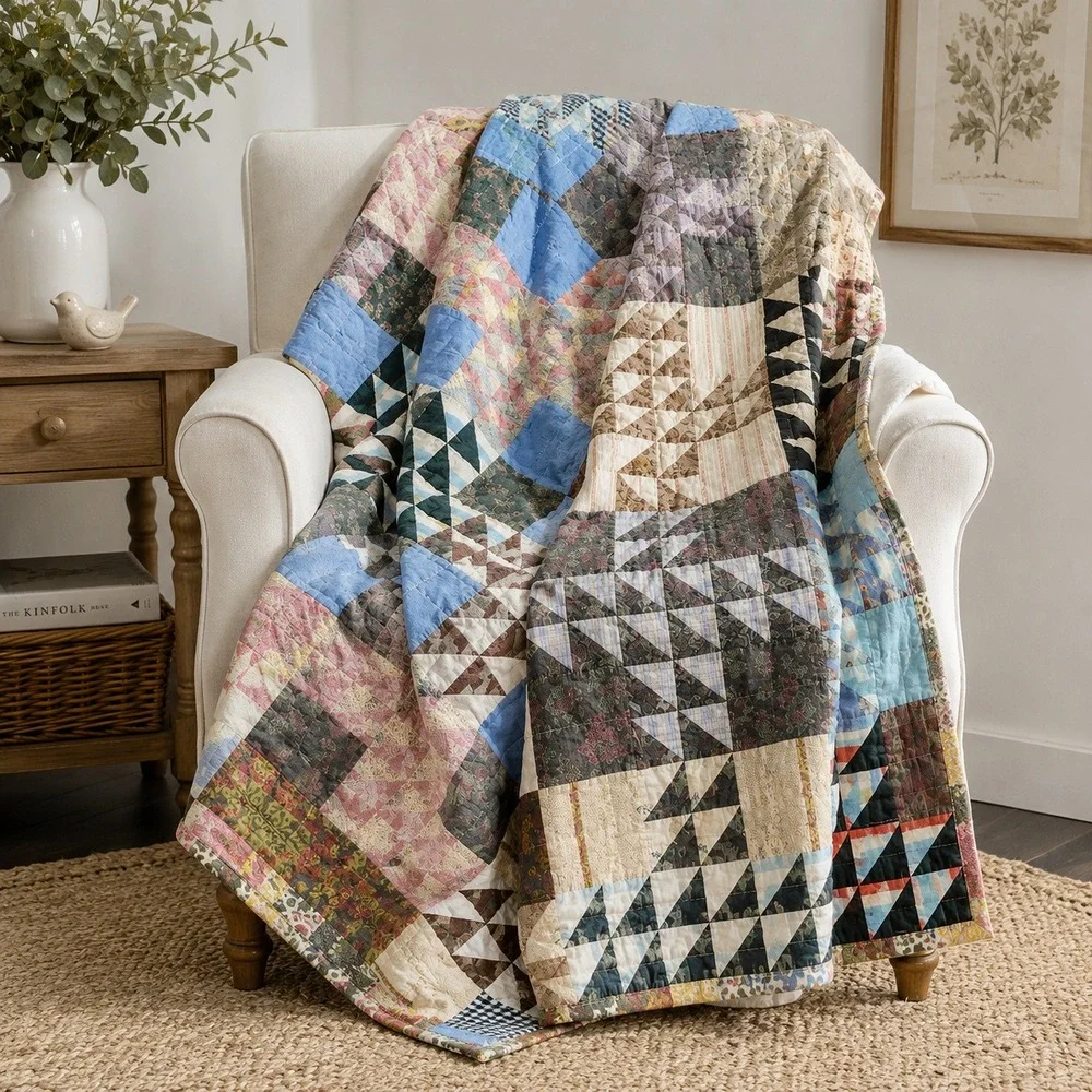 Vtg Handmade Patchwork Quilt Reversible 74x69 Farmhouse Throw Machine Stitch